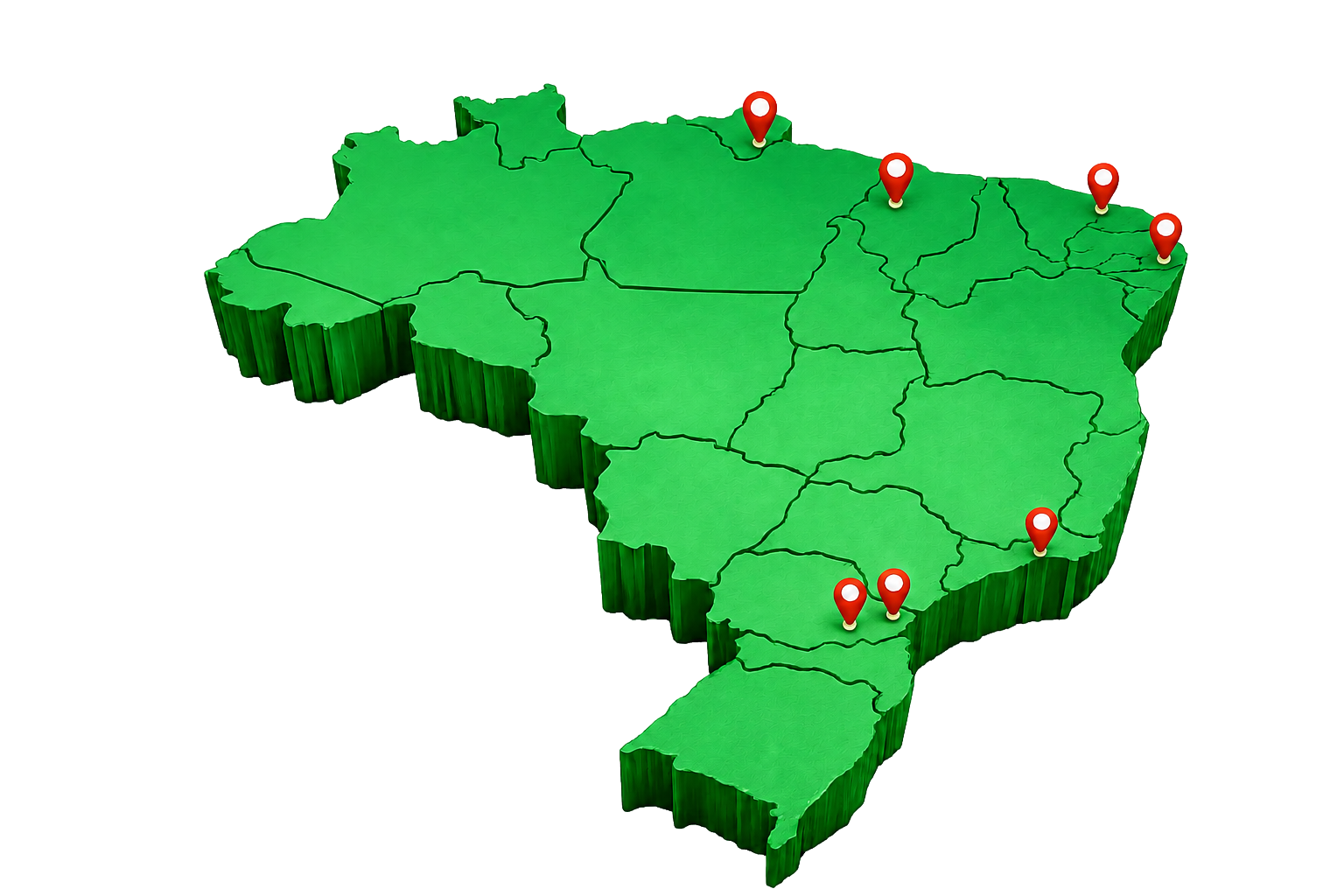 Mapa do Brasil com pinos nas regiões atendidas pela Astro